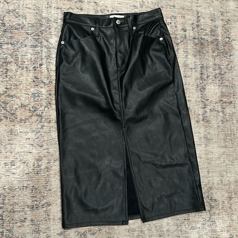 NWT. Black pleather midi skirt.